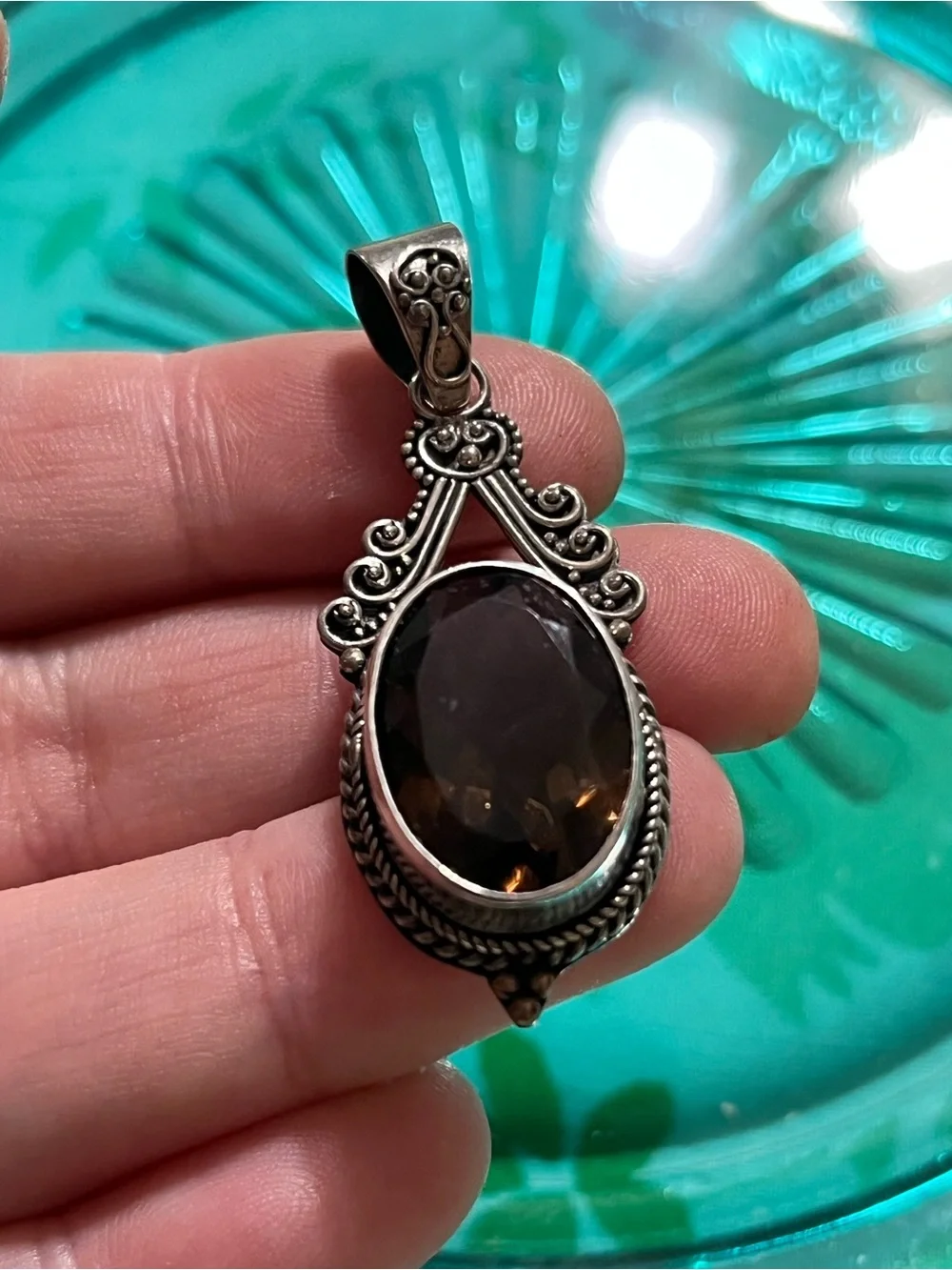 Vintage Bali Style Sterling Silver 926 Smokey Quartz Pendant